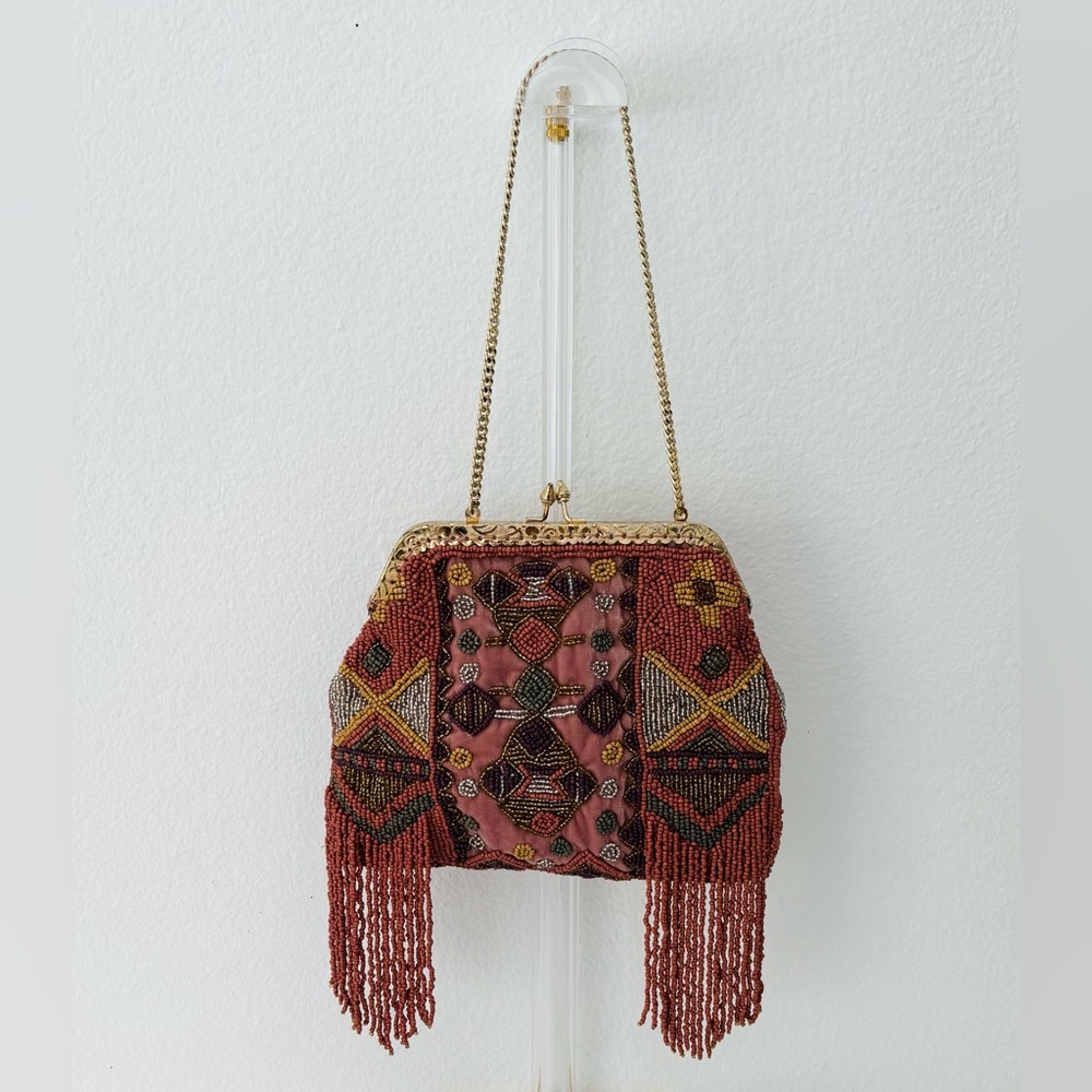 Hoss Intropia Beaded Evening Bag NWT KISS Lock Earthy Colors Tribal-Design Boho